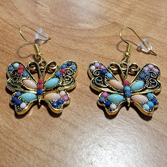 Jewelry - Cco Butterfly Dangle Drop Earrings Vintage Vibe Multicolor 1.36 Inch Drop New